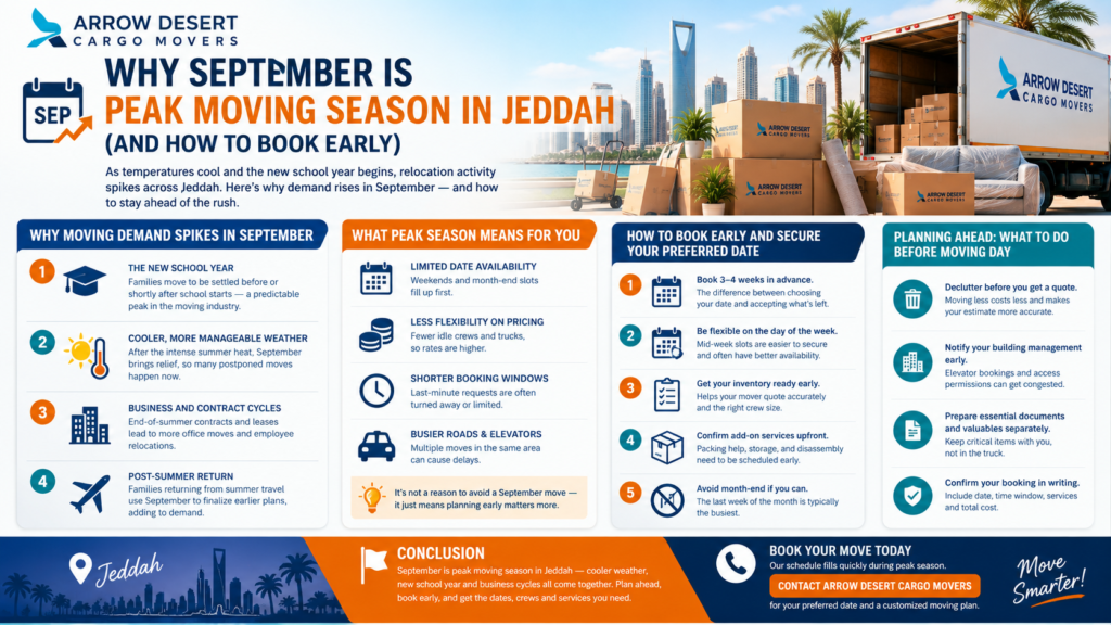 Moving truck being loaded during Jeddah's busy September relocation season